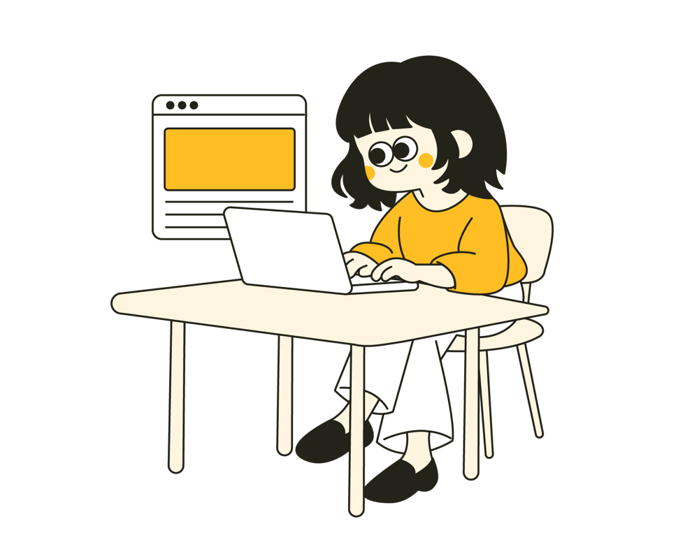 短髮女生坐在桌前用筆電寫作的插畫