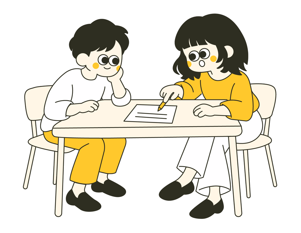 兩個人坐在桌前一起討論文件的插畫