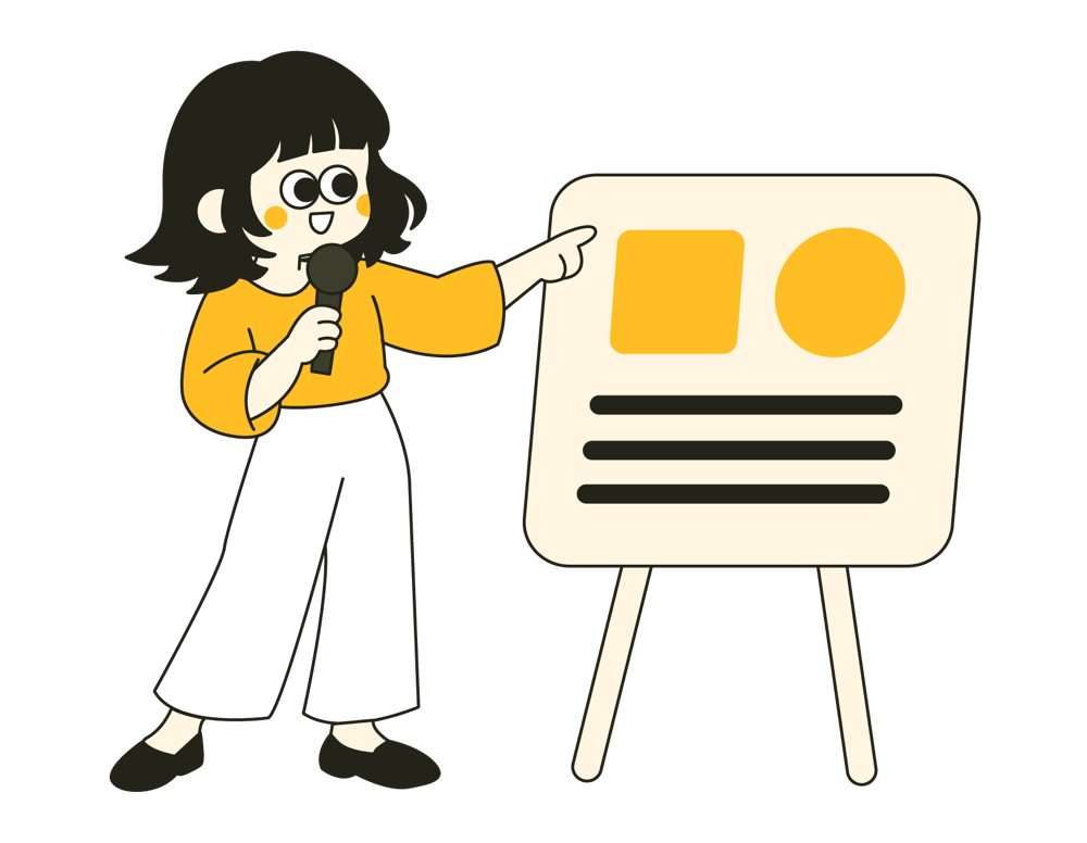 短髮女生拿著麥克風在講台前演講的插畫